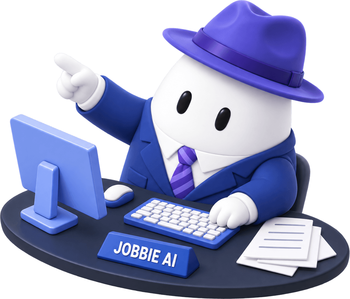 Trợ lý Jobbie ngồi ở bàn làm việc, một tay gõ bàn phím, một tay chỉ lên, trên bàn có biển tên JOBBIE AI và tập giấy tờ