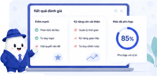 Thám tử JobLens đứng cạnh laptop hiển thị bảng Kết quả đánh giá: điểm mạnh, kỹ năng cần cải thiện và mức độ phù hợp 85%