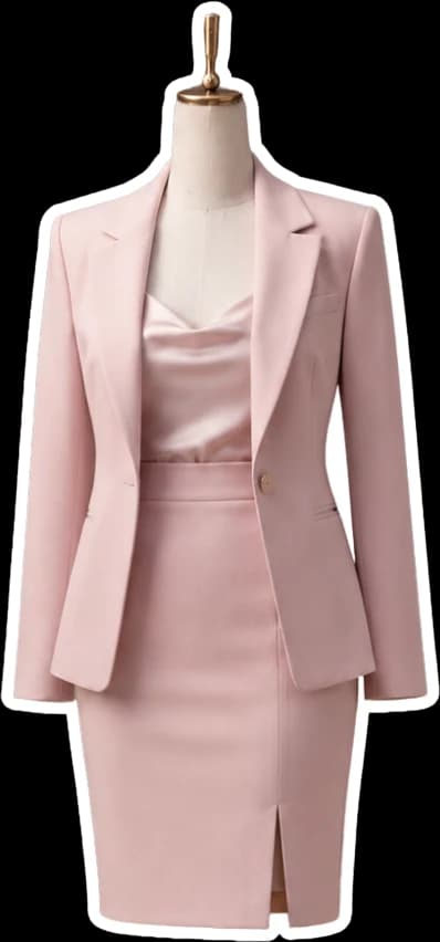 Ma-nơ-canh mặc áo blazer và chân váy hồng phấn — sản phẩm tiêu biểu của Belle Rosé